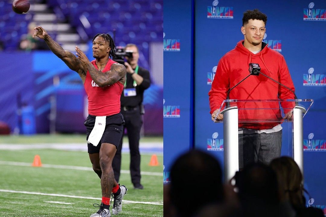 Anthony Richardson, left, Patrick Mahomes, right