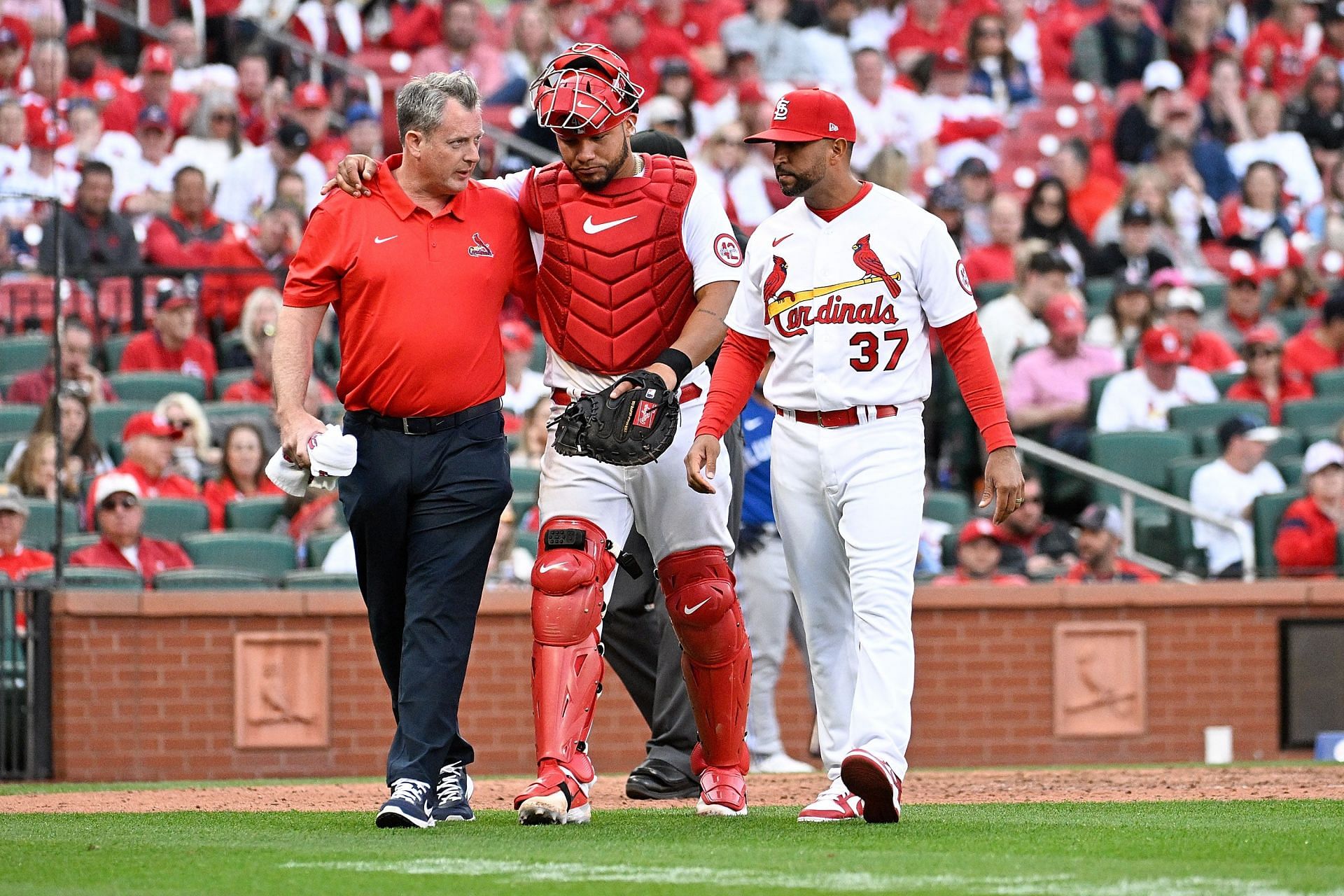 Willson Contreras is helped off the field by manager Oliver Marmol, right, of the St. Louis Cardinals.