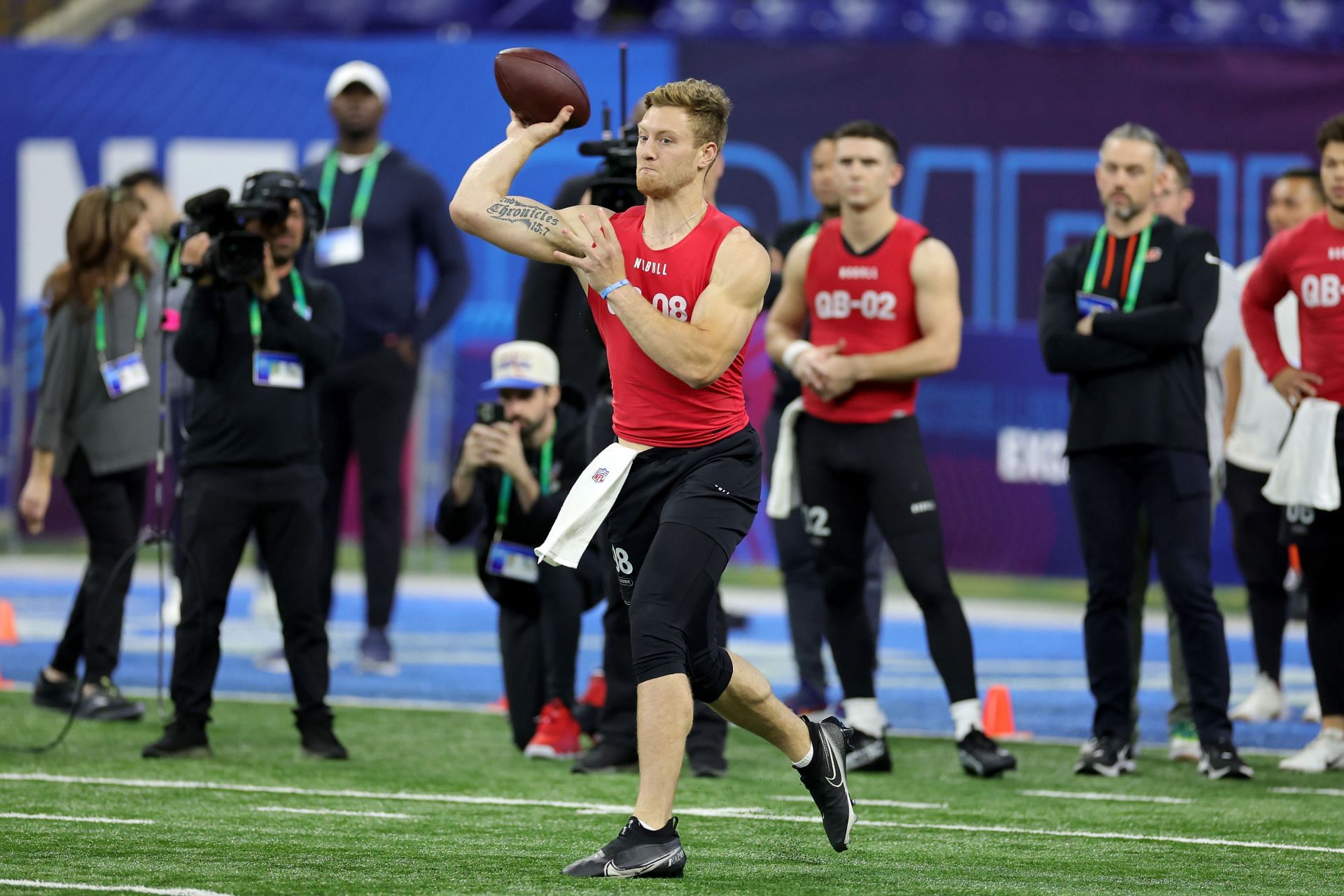 Quarterback Will Levis of Kentucky participates in a drill during the NFL Combine 