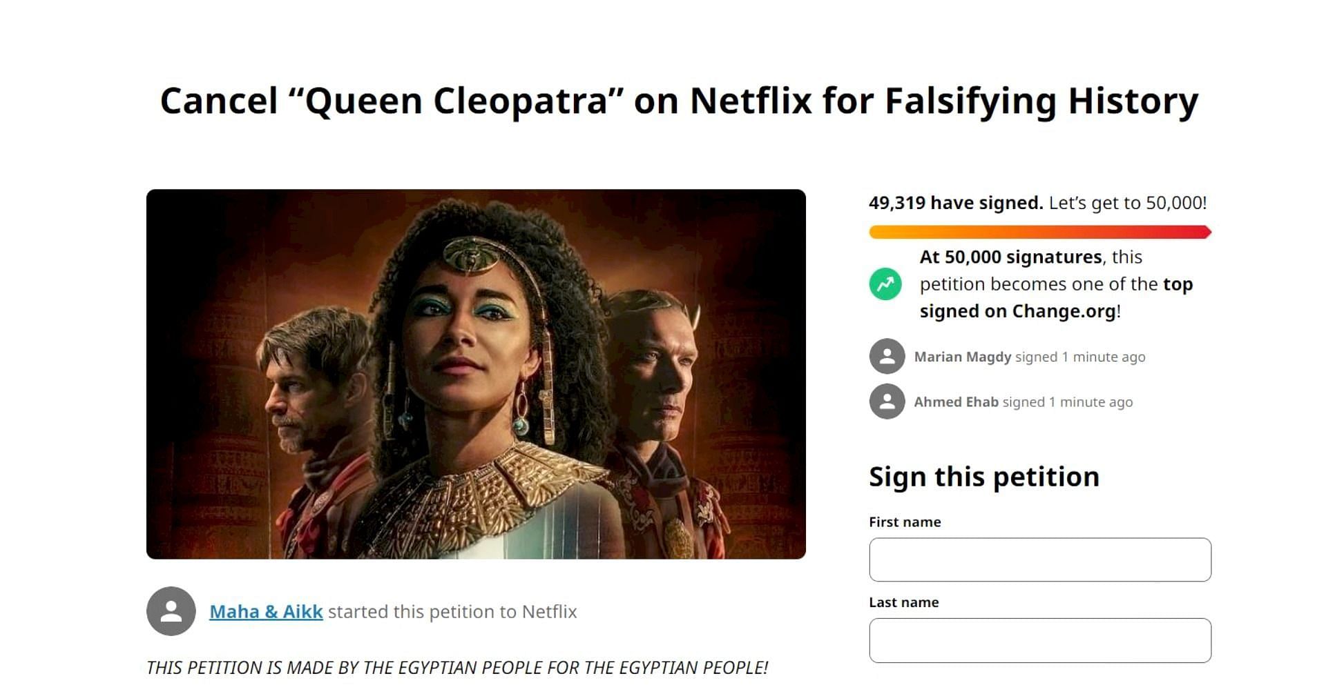 Online petition for cancelling Netflix documentary (Image via snip from change.org)