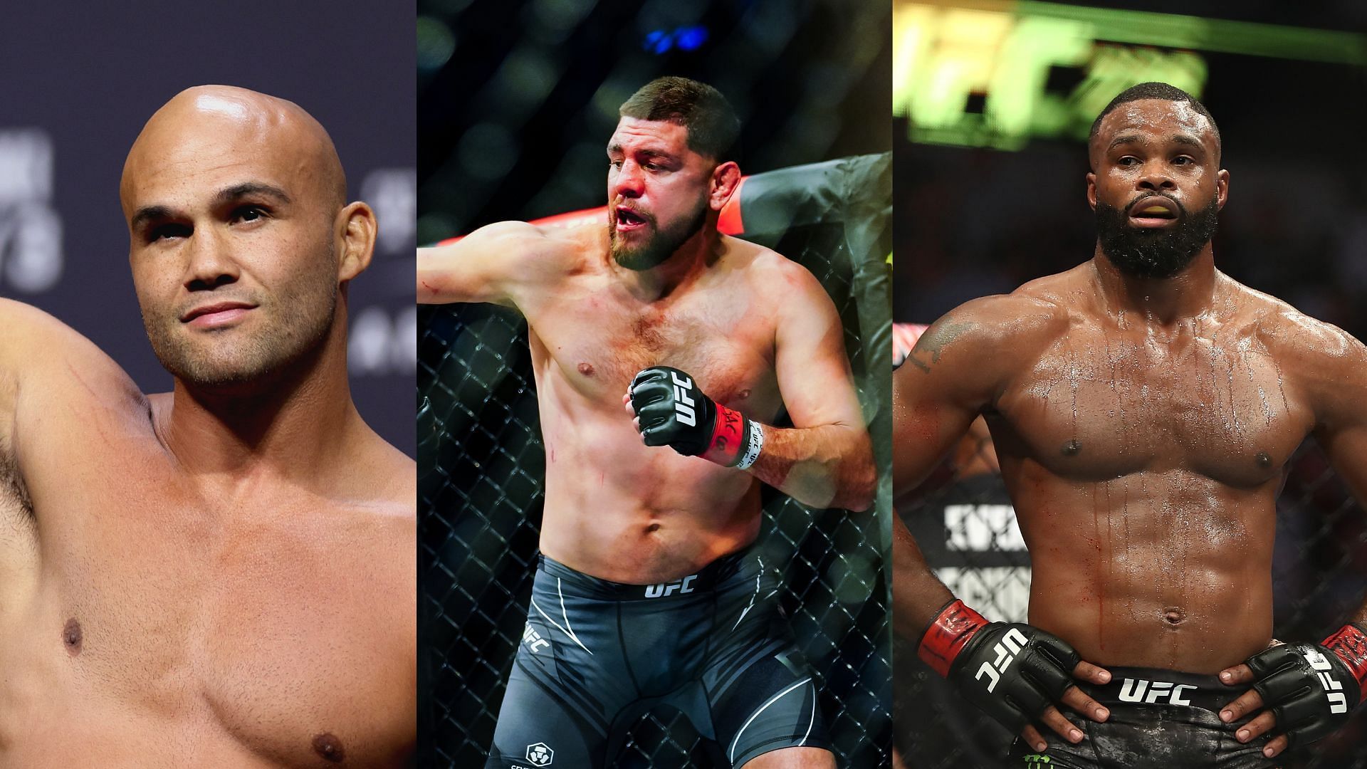 Robbie Lawler (left), Nick Diaz (centre), Tyron Woodley (right)
