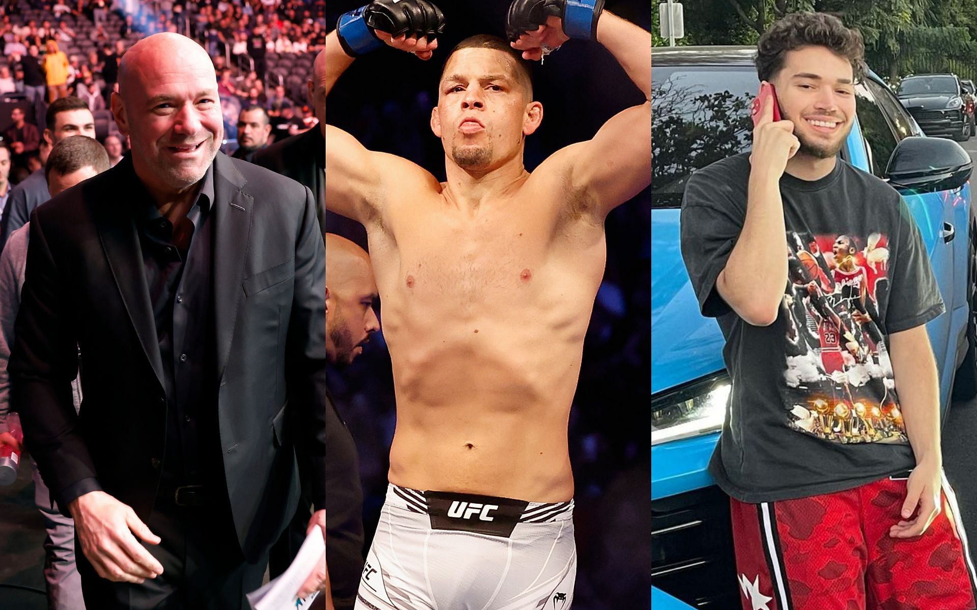 Dana White (left) Nate Diaz (center) Adin Ross (right) [Image courtesy @adinross on Instagram]