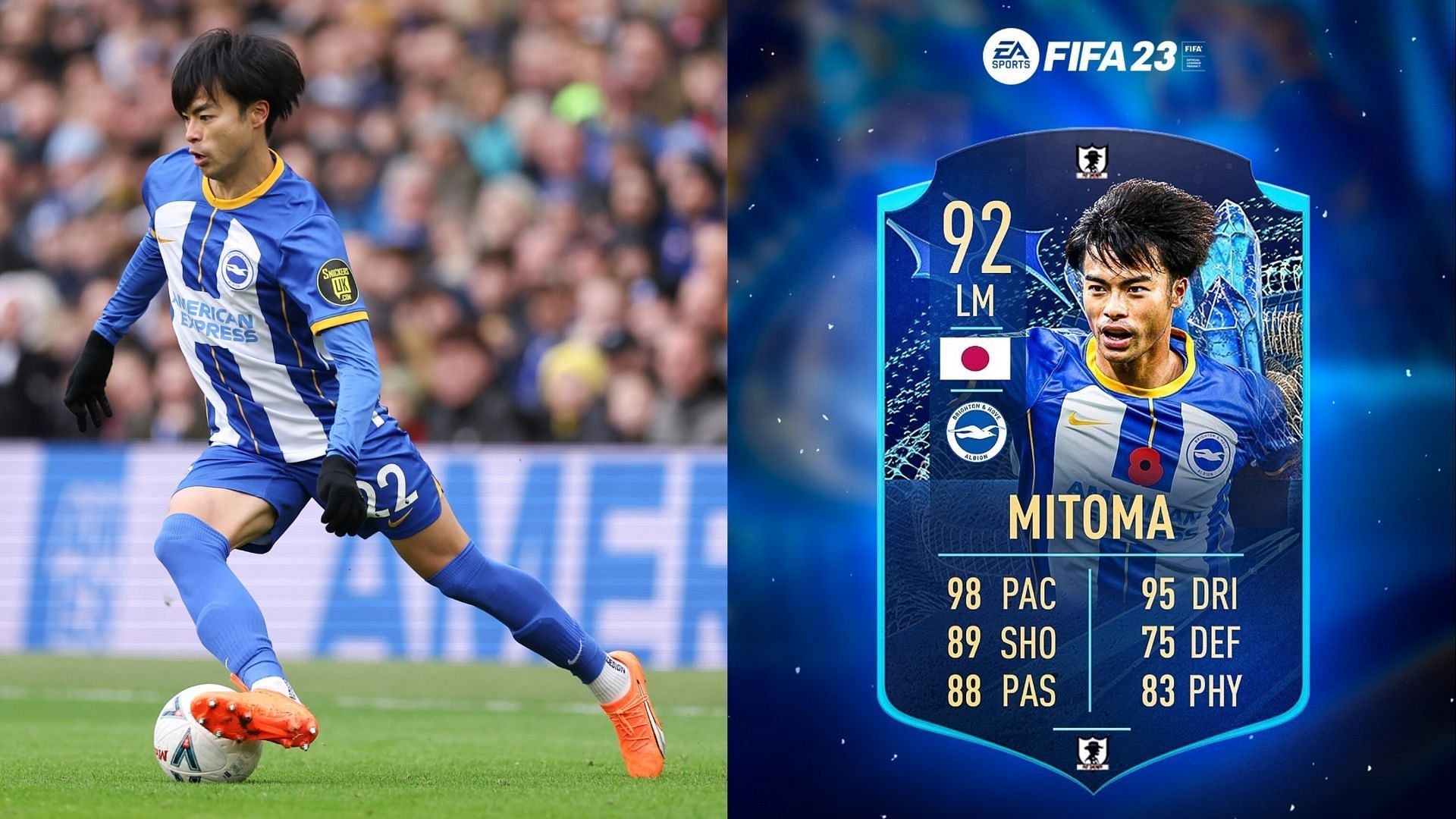FIFA 23 players will surely love Kaoru Mitoma&rsquo;s Community TOTS card (Images via Getty/ Twitter/FUT Sheriff)