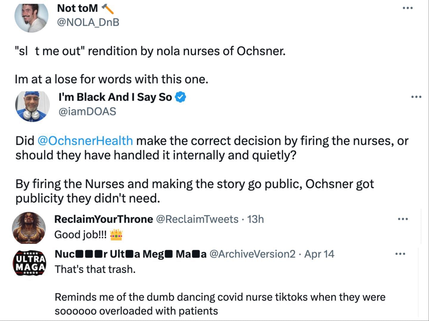 A group of nurses from Ochsner Health were fired after posting a controversial TikTok video on social media. (Image via Twitter)