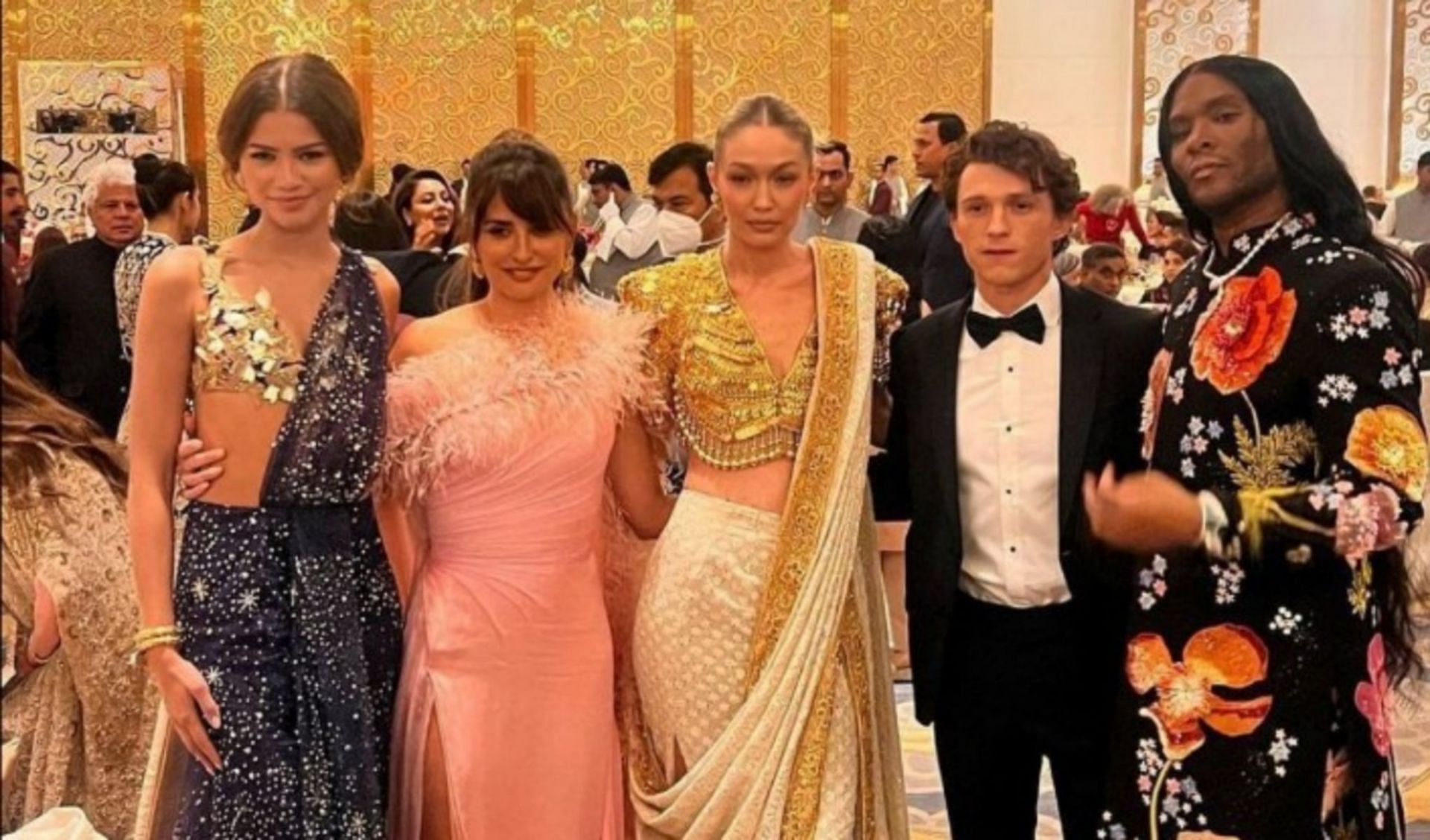 [From left to right] Zendaya, Pen&eacute;lope Cruz, Gigi Hadid, Tom Holland, and Law Roach at Day 2 of NMACC&#039;s opening event in Mumbai (Image via Instagram/@skpopculture)