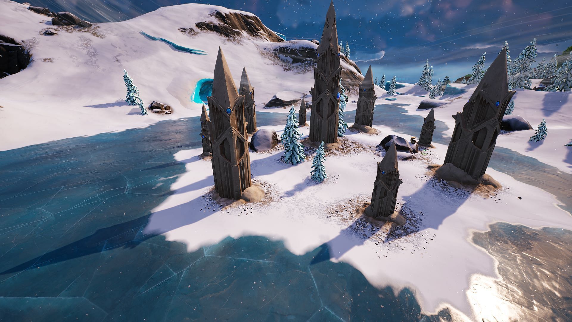 It&#039;s a wonder how the ice is able to sustain the weight of these Monoliths (Image via Epic Games/Fortnite)