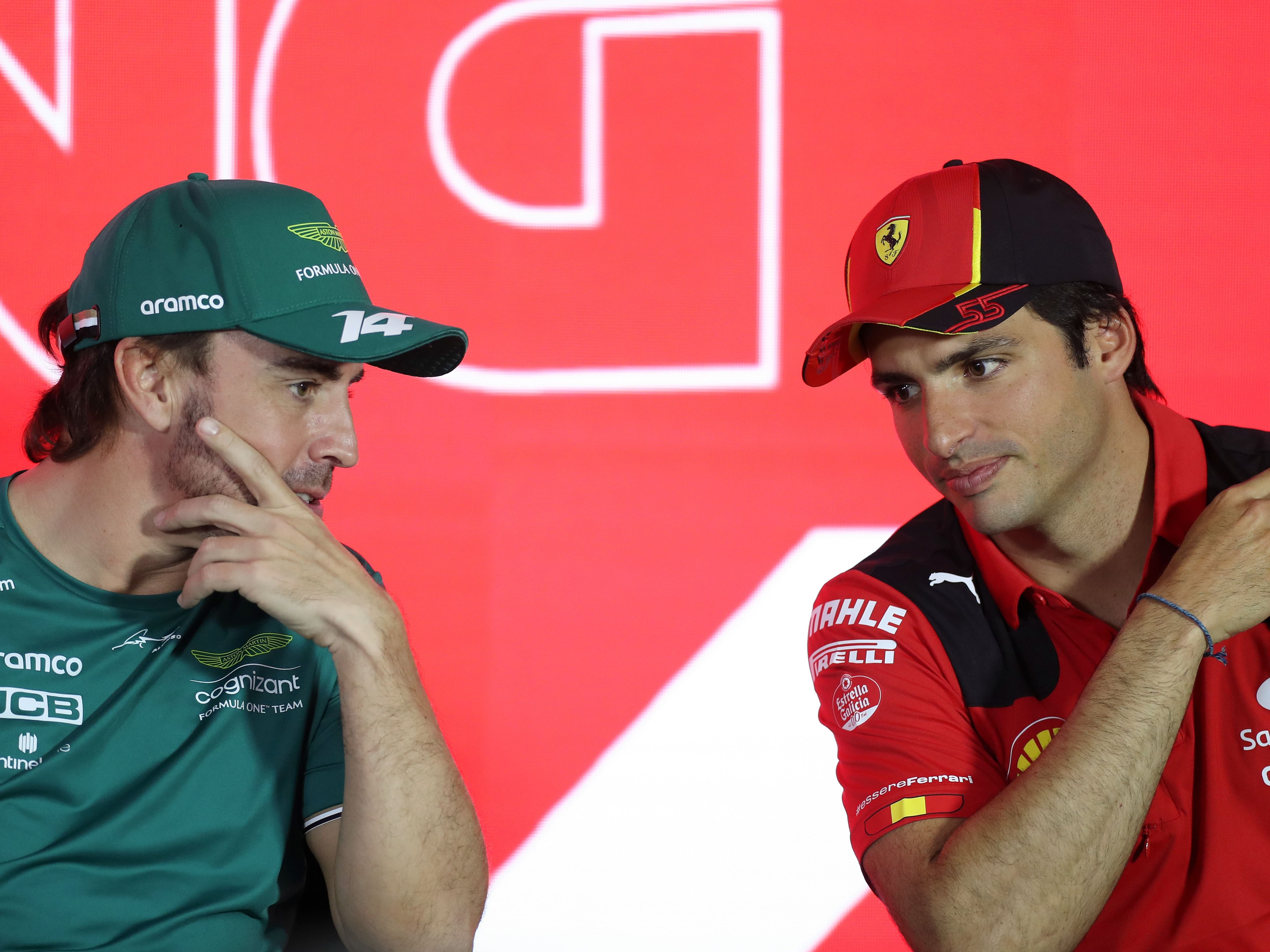 Fernando Alonso and Carlos Sainz attend the Drivers Press Conference during day three of 2023 F1 Testing at Bahrain International Circuit (Photo by Peter Fox/Getty Images)