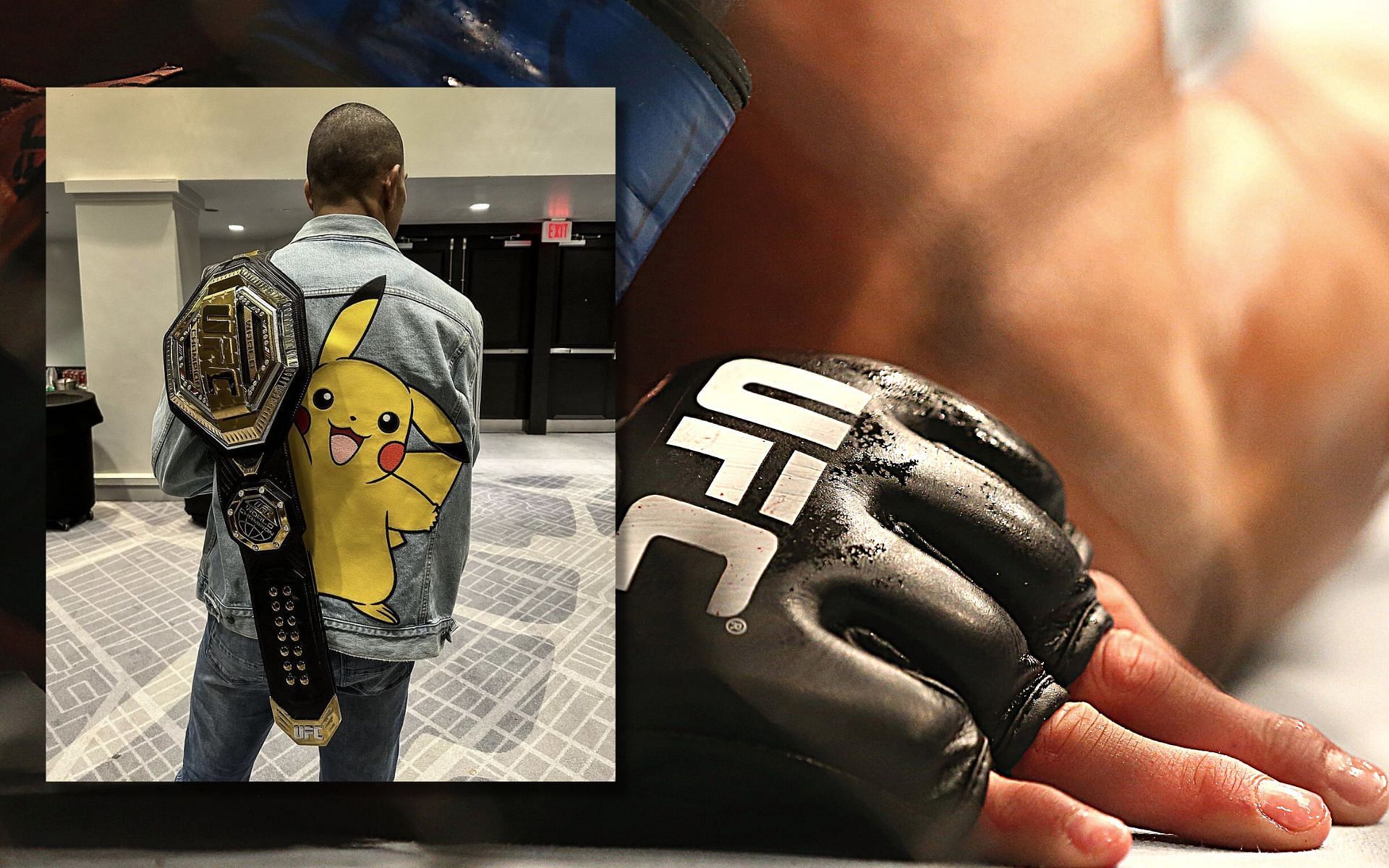 UFC gloves (background), Alex Pereira (inset - via @bloodyelbow)