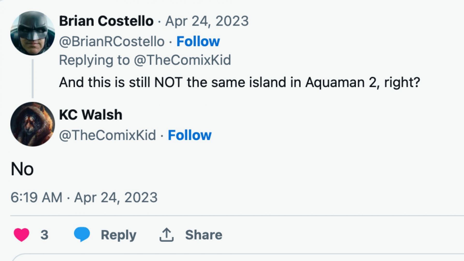 Insider KC Walsh confirms that the island in DC Studios&#039; Creature Commandos is not the same as the one rumored to appear in the upcoming Aquaman sequel (Image via KC Walsh&#039;s Twitter)