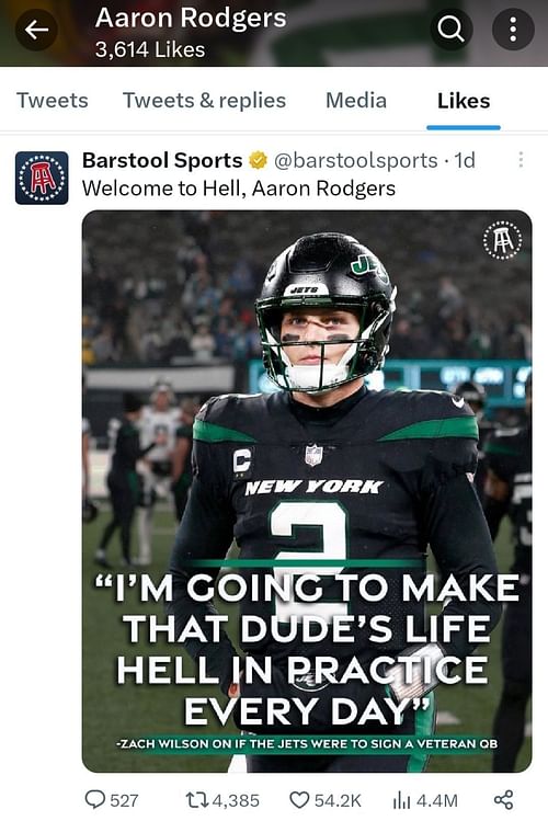 Aaron Rodgers liked Barstool Sports' tweet about Zach Wilson's quote for the new Jets quarterback.