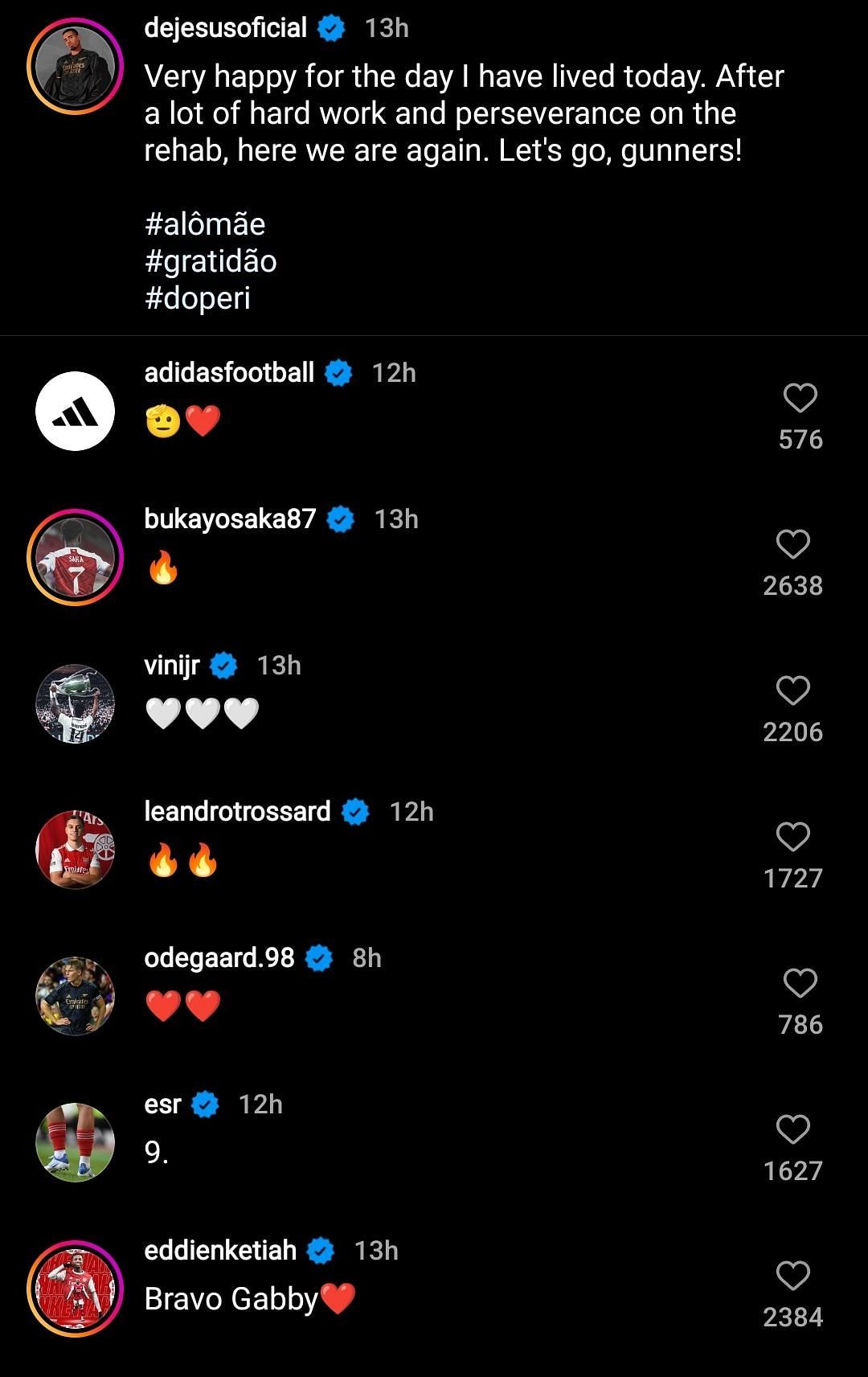 A screenshot of the comments on Gabriel Jesus' Instagram post.