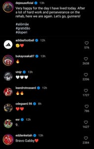 A screenshot of the comments on Gabriel Jesus' Instagram post.