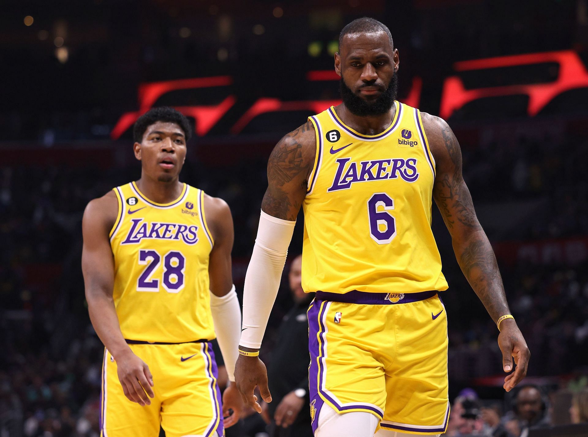 LeBron James and Rui Hachimura #6 of the LA Lakers against the LA Clippers