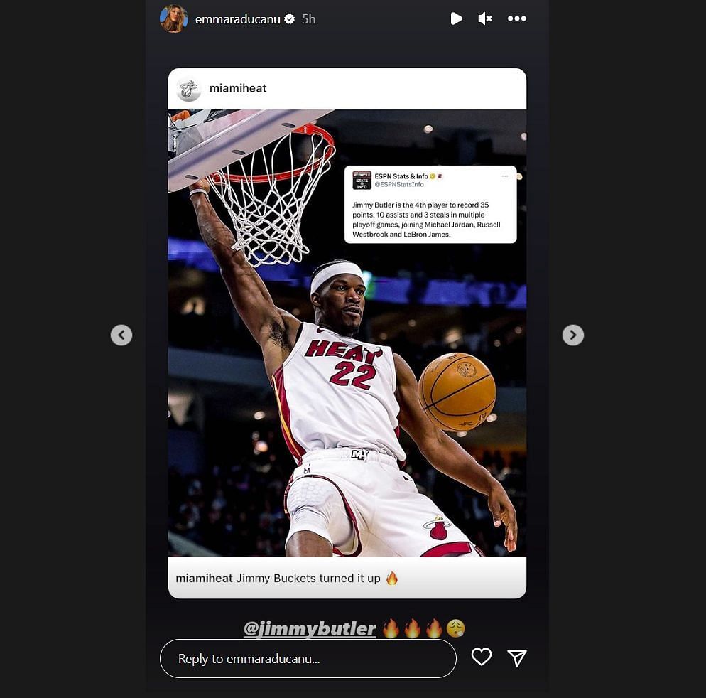 Emma Raducanu applauds Jimmy Butler&#039;s achievement (via Instagram).