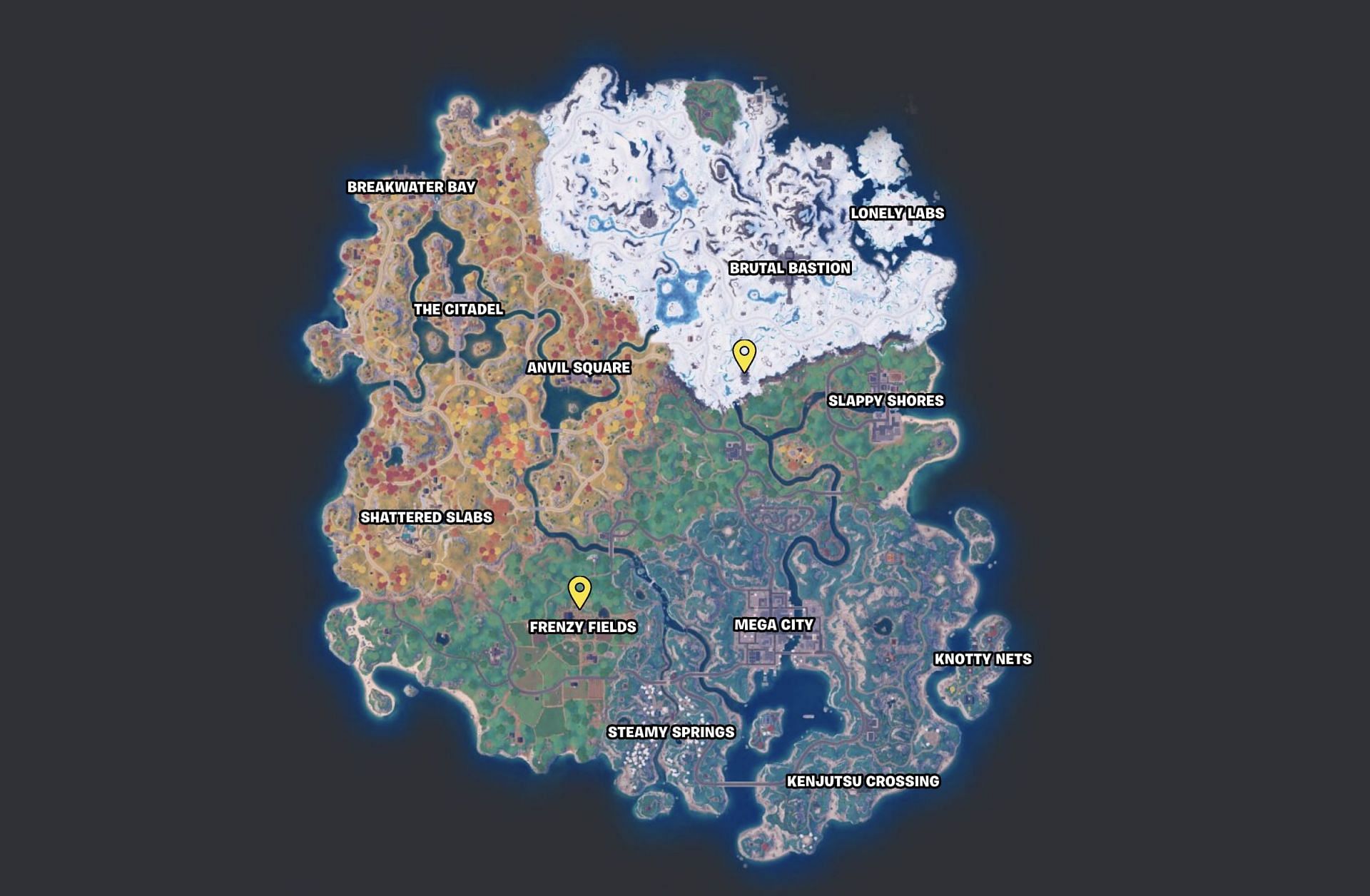Land at one of these two spots on the map for the first of the Heal Eggs (Image via FortniteGG)