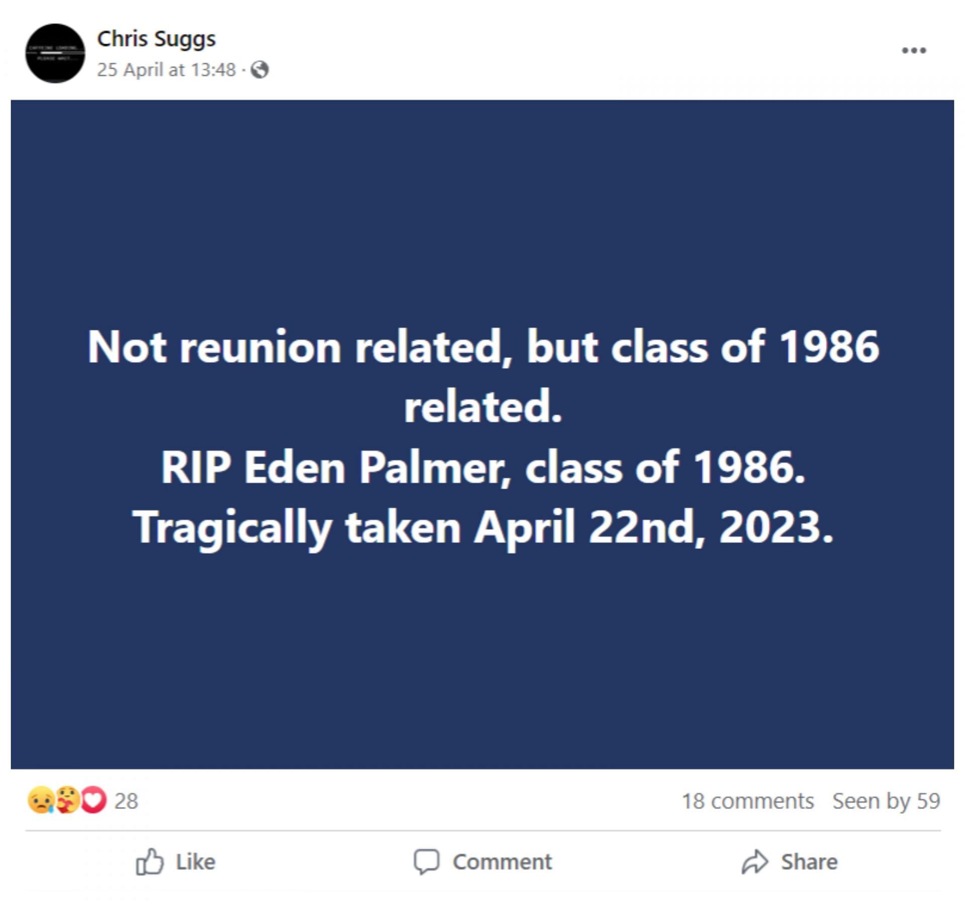 A tribute put up on her Notre Dame school reunion Facebook page (Image via Facebook/Chris Suggs)