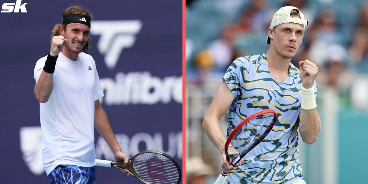 Tsitsipas (left) takes on Shapovalov in Barcelona on Thursday.