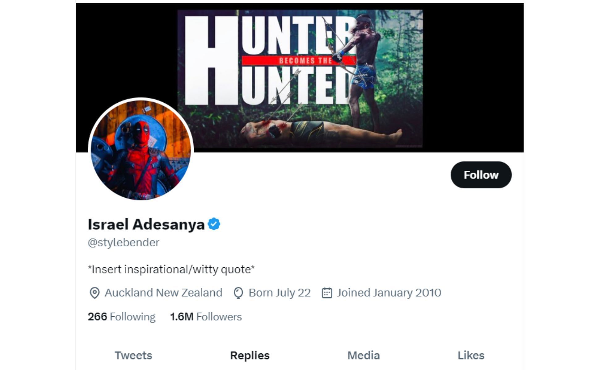 Screenshot of Israel Adesanya's official Twitter profile with the blue checkmark [*Image courtesy: @stylebender Twitter account]