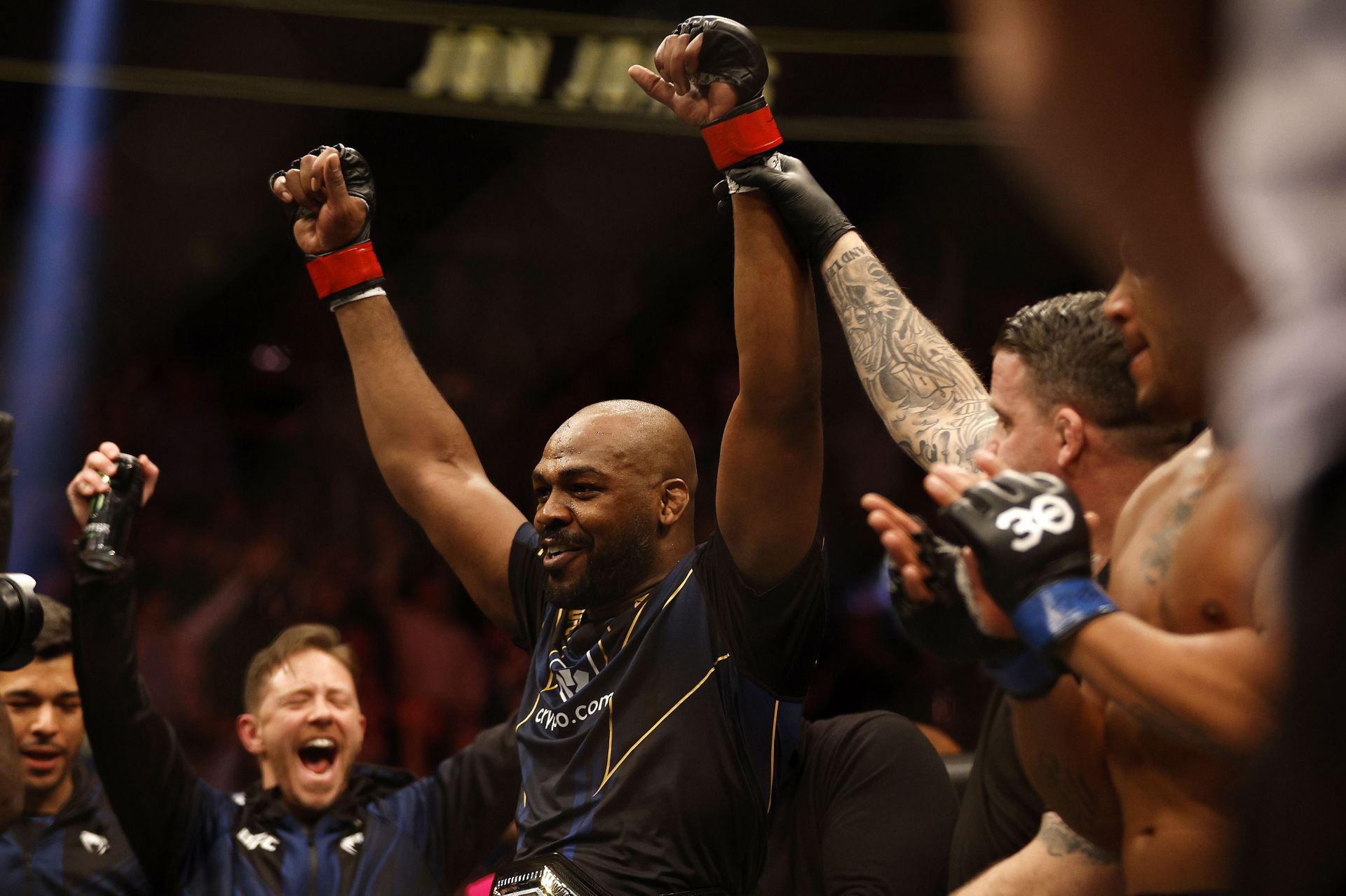 Jon Jones celebrates after defeating Ciryl Gane at UFC 285