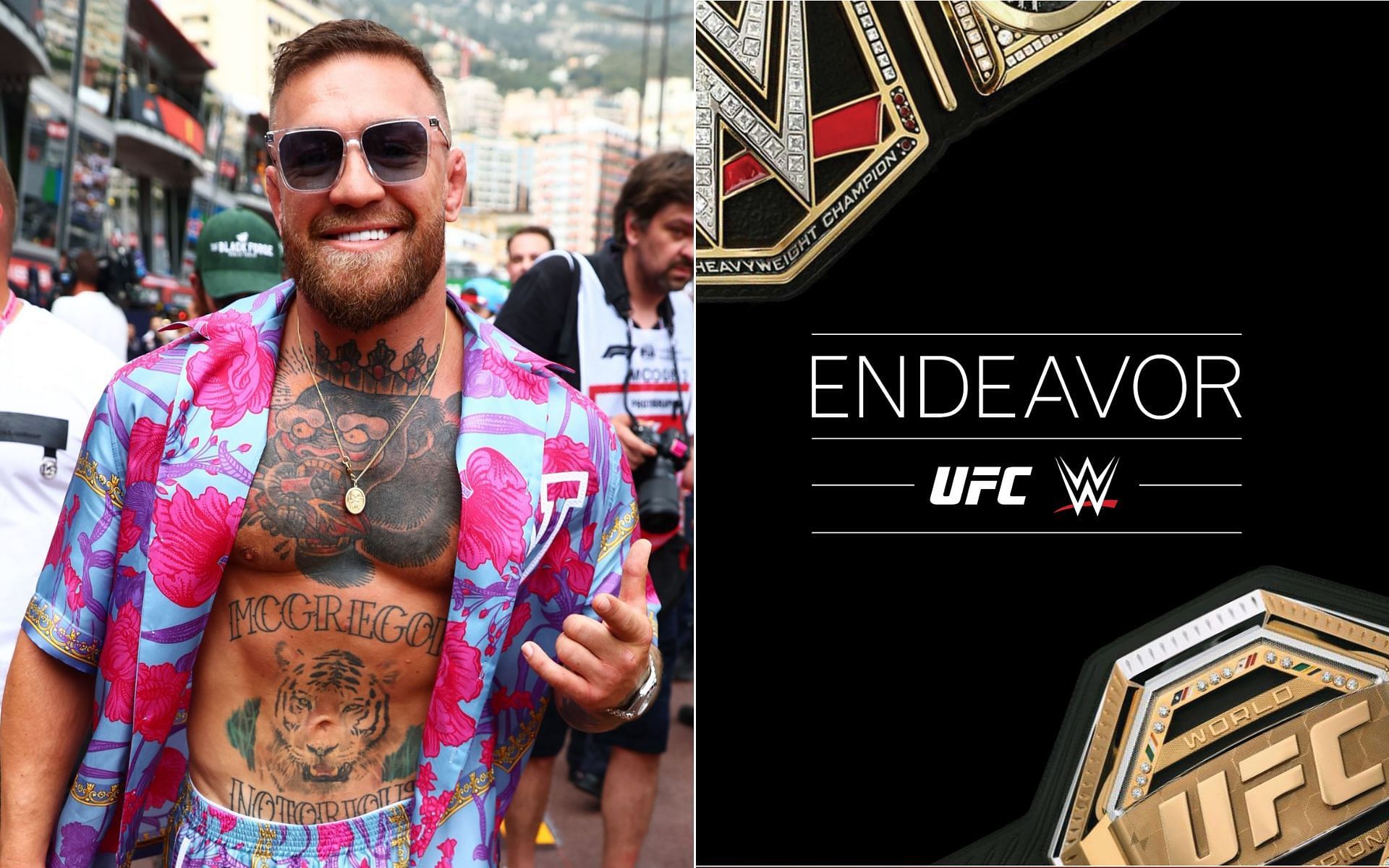 Conor McGregor [Left],  and Edeavor UFC-WWE merger announcement [Photo credit: @Endeavor - Twitter]