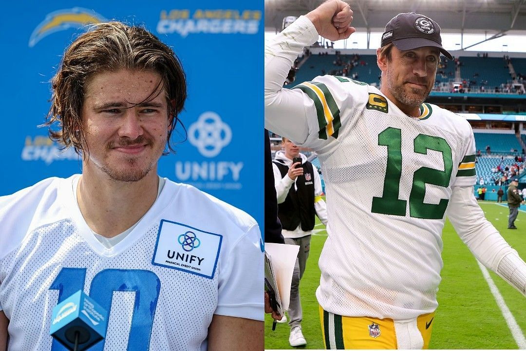 Justin Herbert, left, Aaron Rodgers, right 