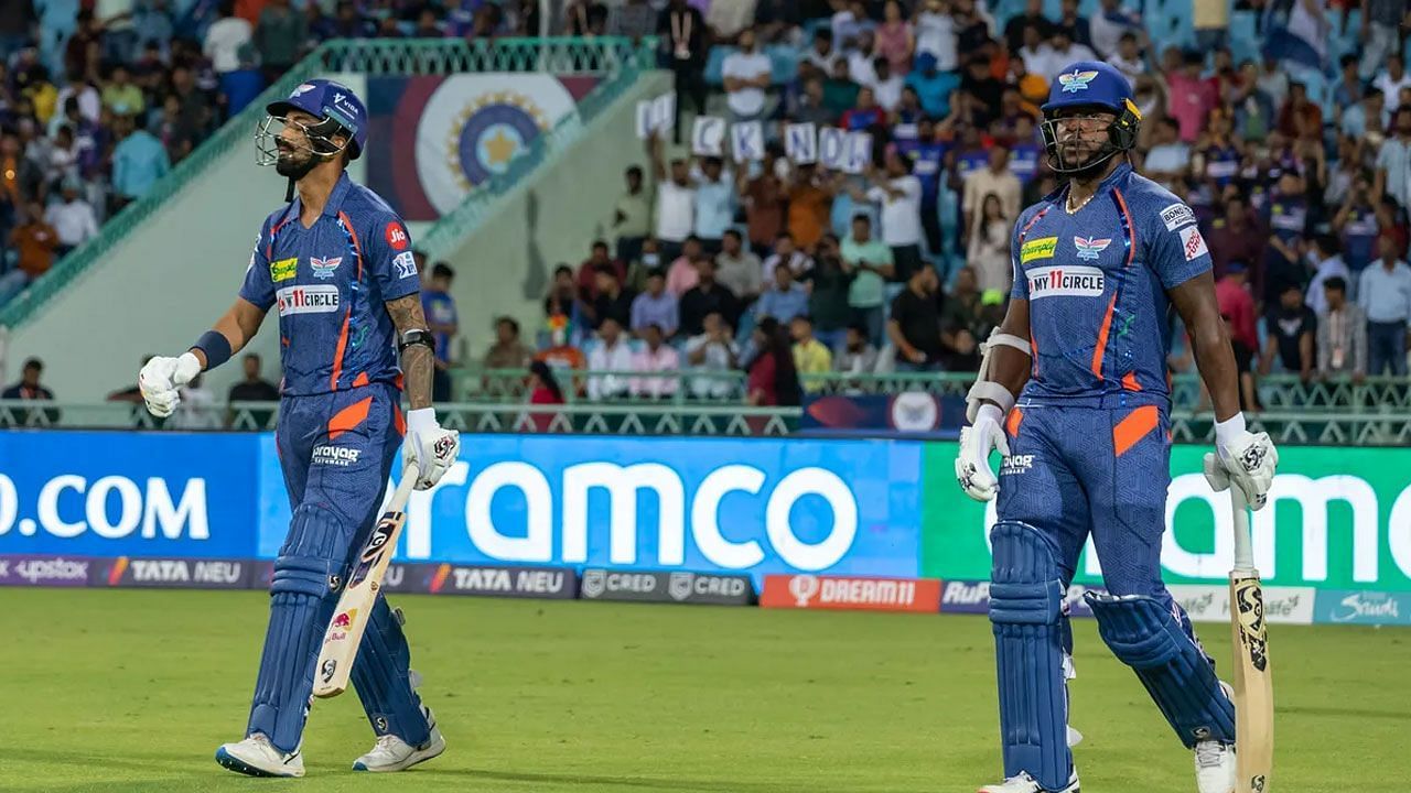 KL Rahul and Kyle Mayers walking out to bat. (Credits: Twitter)