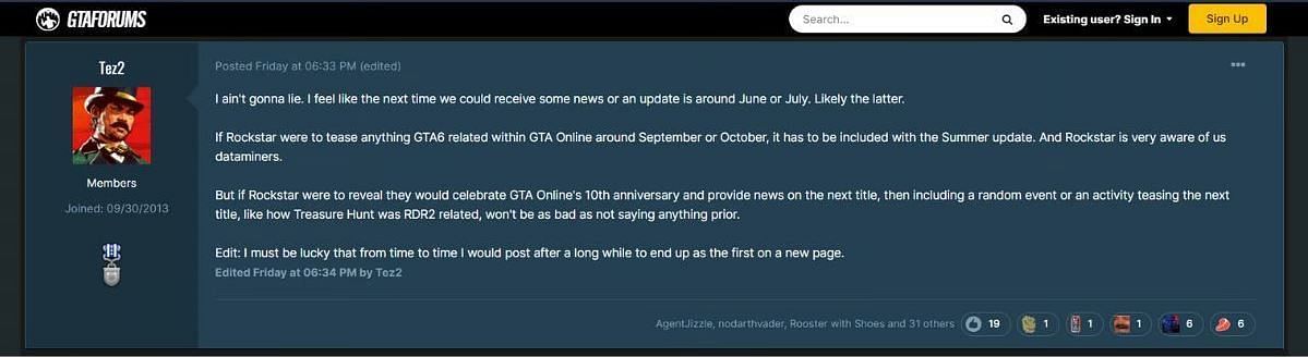 Tez2’s post about Grand Theft Auto 6’s teaser (Image via GTAForums)