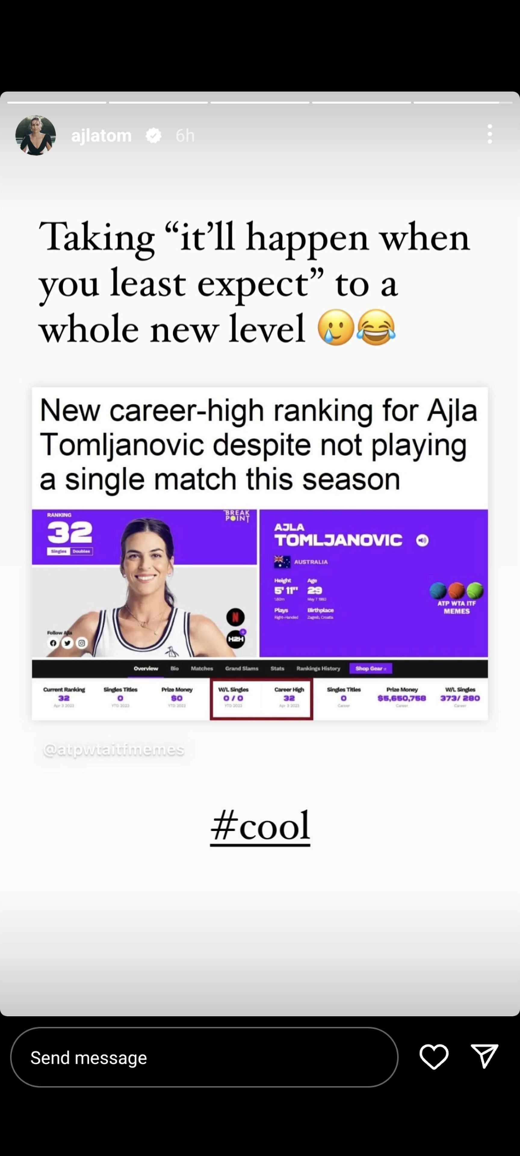 Ajla Tomljanovic&#039;s Instagram story