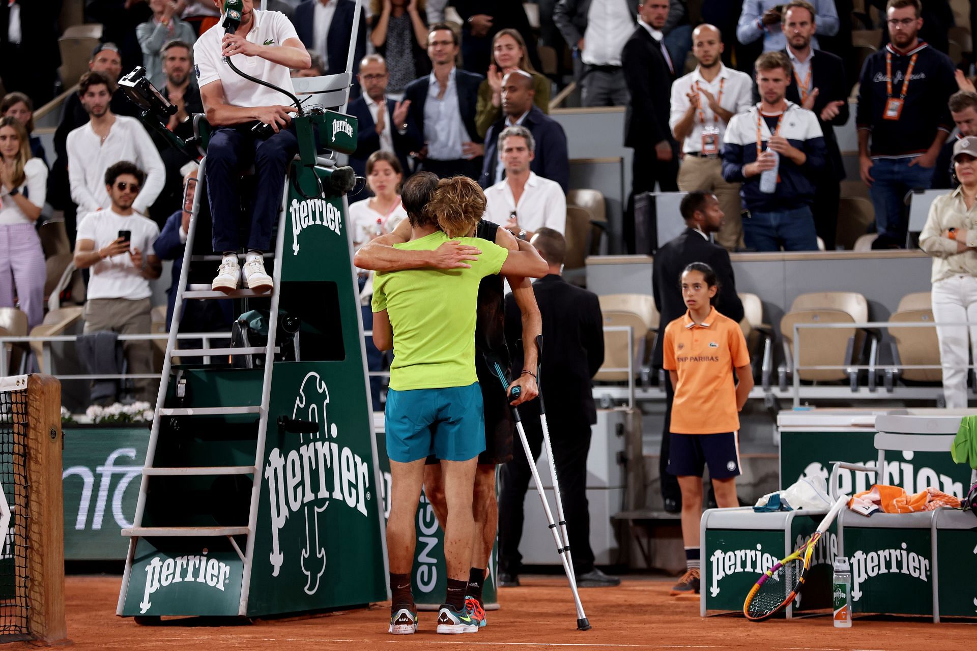 Rafael Nadal and Alexander Zverev hugging at the 2022 French Open - Day Thirteen.