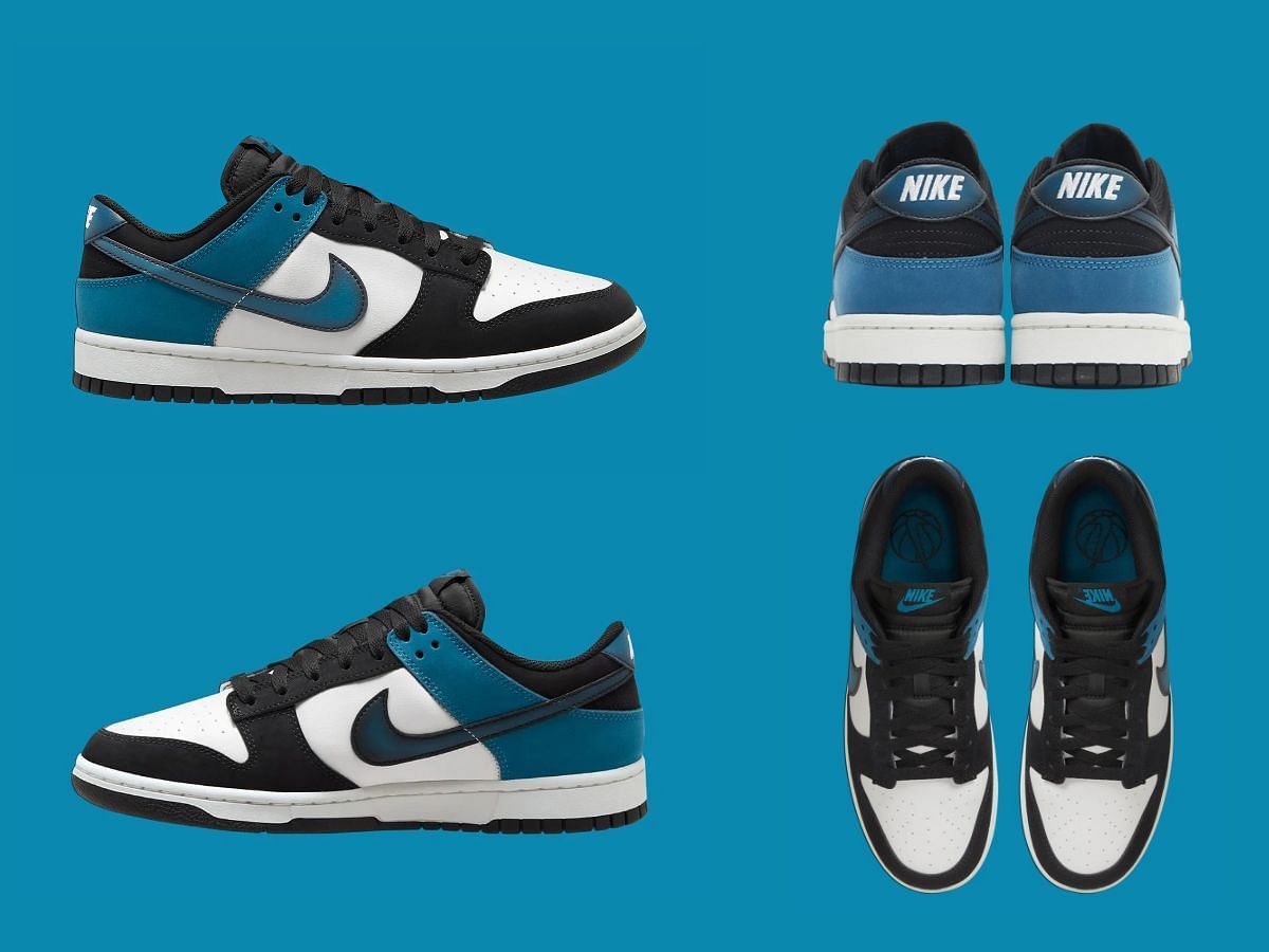 The upcoming Nike Dunk Low &ldquo;Black Industrial Blue&rdquo; sneakers are given black toe and airbrushed swooshes (Image via Sportskeeda)