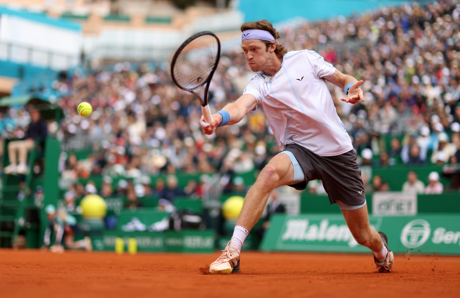 Andrey Rublev pictured at the 2023 Rolex Monte-Carlo Masters - Day Seven.