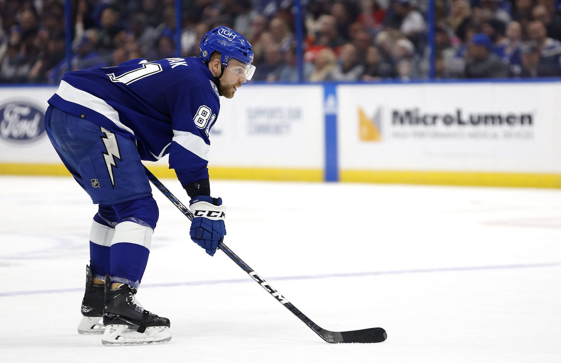 Erik Cernak #81 of the Tampa Bay Lightning looks on in the second period