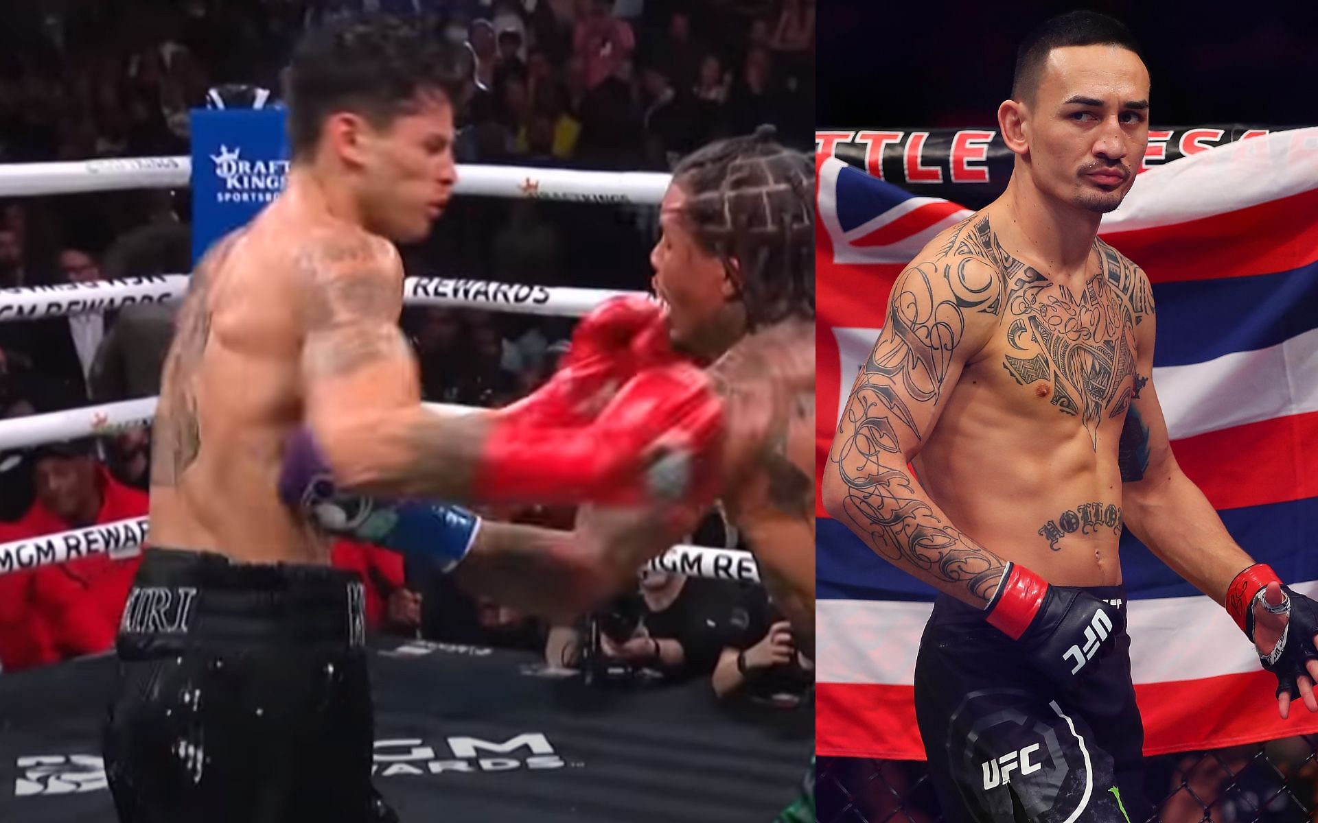 Ryan Garcia vs. Gervonta Davis (Left); Max Holloway (Right) [Image courtesy: left image via DAZN Boxing YouTube channel; right image via Getty Images]