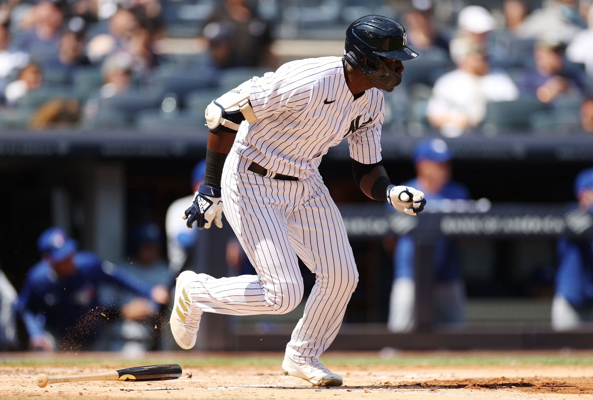 Estevan Florial of the New York Yankees hits an RBI single during the second inning against the Toronto Blue Jays at Yankee Stadium