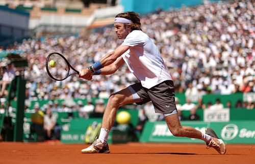 Rublev in action during the finals of the 2023 Rolex Monte-Carlo Masters