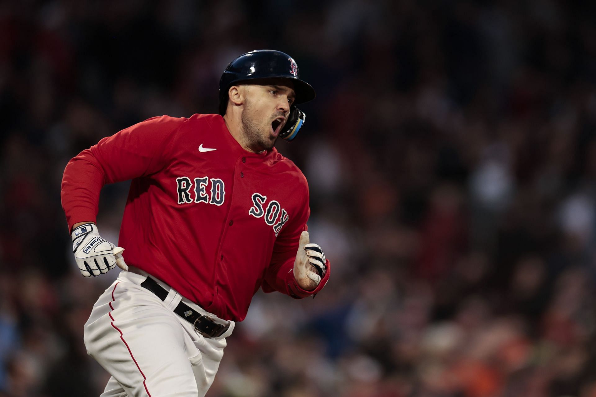 Baltimore Orioles v Boston Red Sox: BOSTON, MASSACHUSETTS - APRIL 01: Adam of the Boston Red Sox reacts after hitting a walk-off home run during the ninth inning against the Baltimore Orioles at Fenway Park on April 01, 2023, in Boston, Massachusetts. (Photo by Nick Grace/Getty Images)