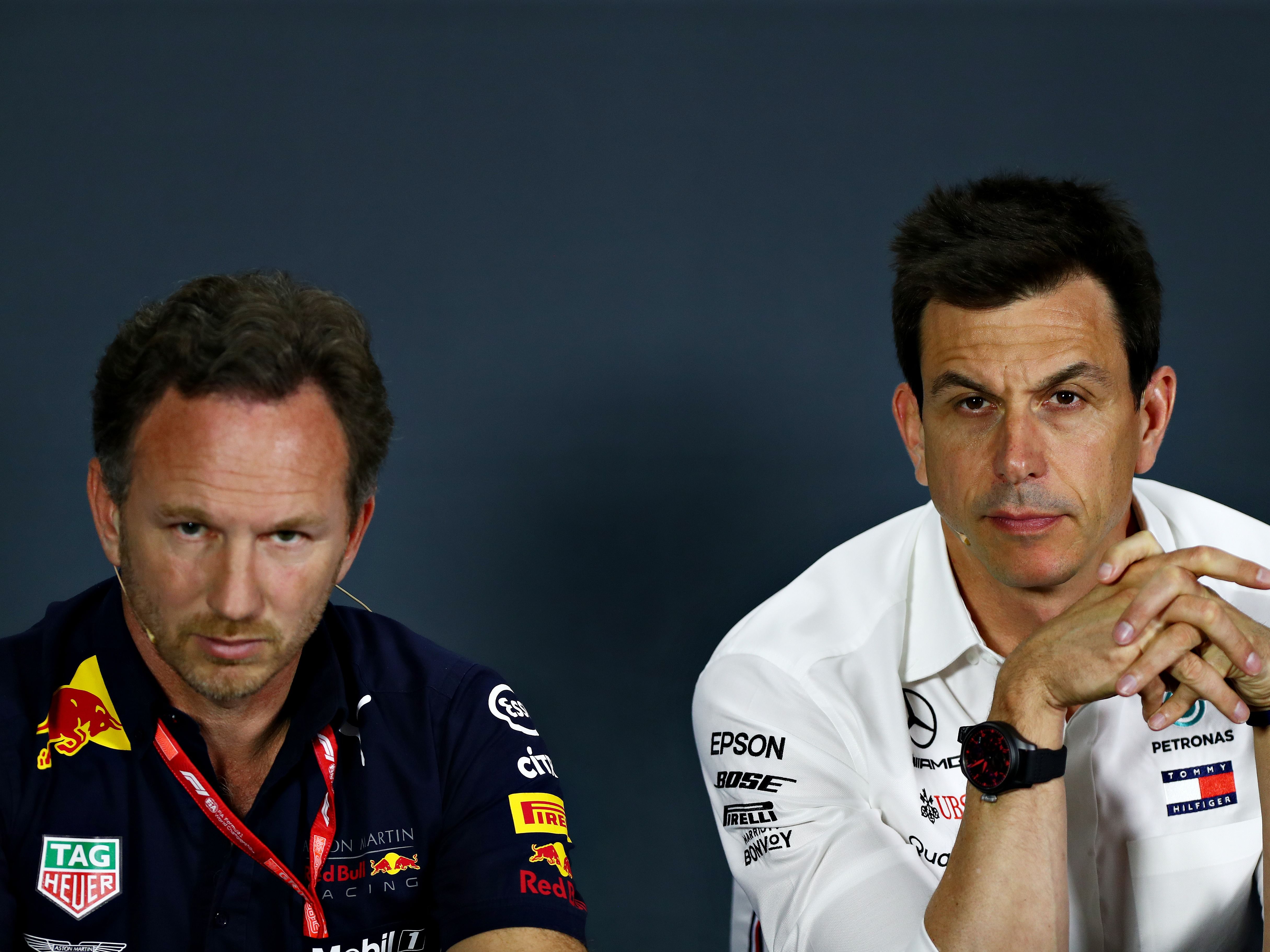 Toto Wolff and Christian Horner talk in the Team Principals Press Conference during practice for the 2019 F1 Azerbaijan Grand Prix. (Photo by Dan Istitene/Getty Images)