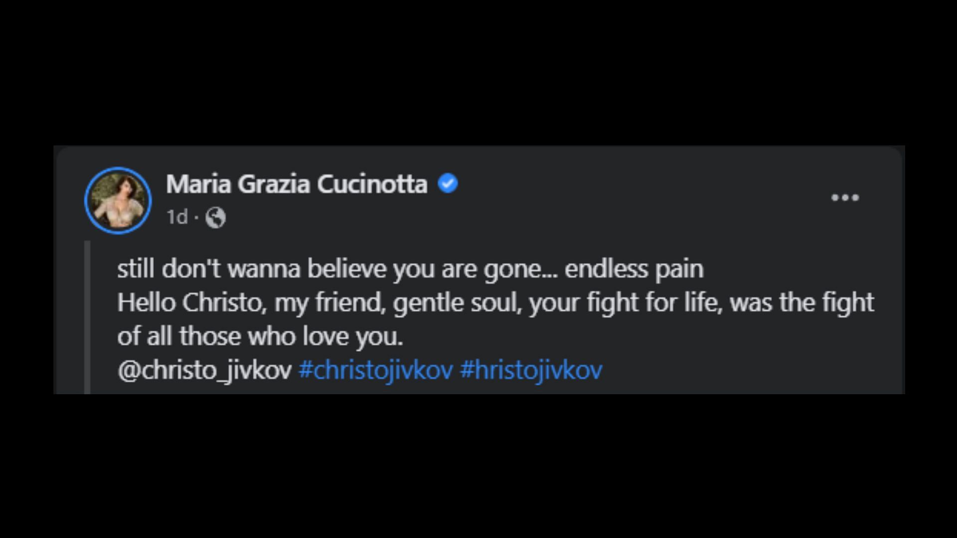 Maria Grazia Cucinotta paid tribute to Christo Jivkov on Facebook (Image via Maria Grazia Cucinotta/Facebook)