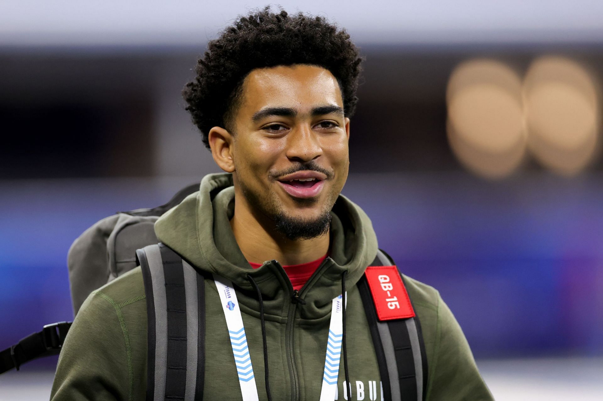 Quarterback Bryce Young of Alabama looks on during the NFL Combine