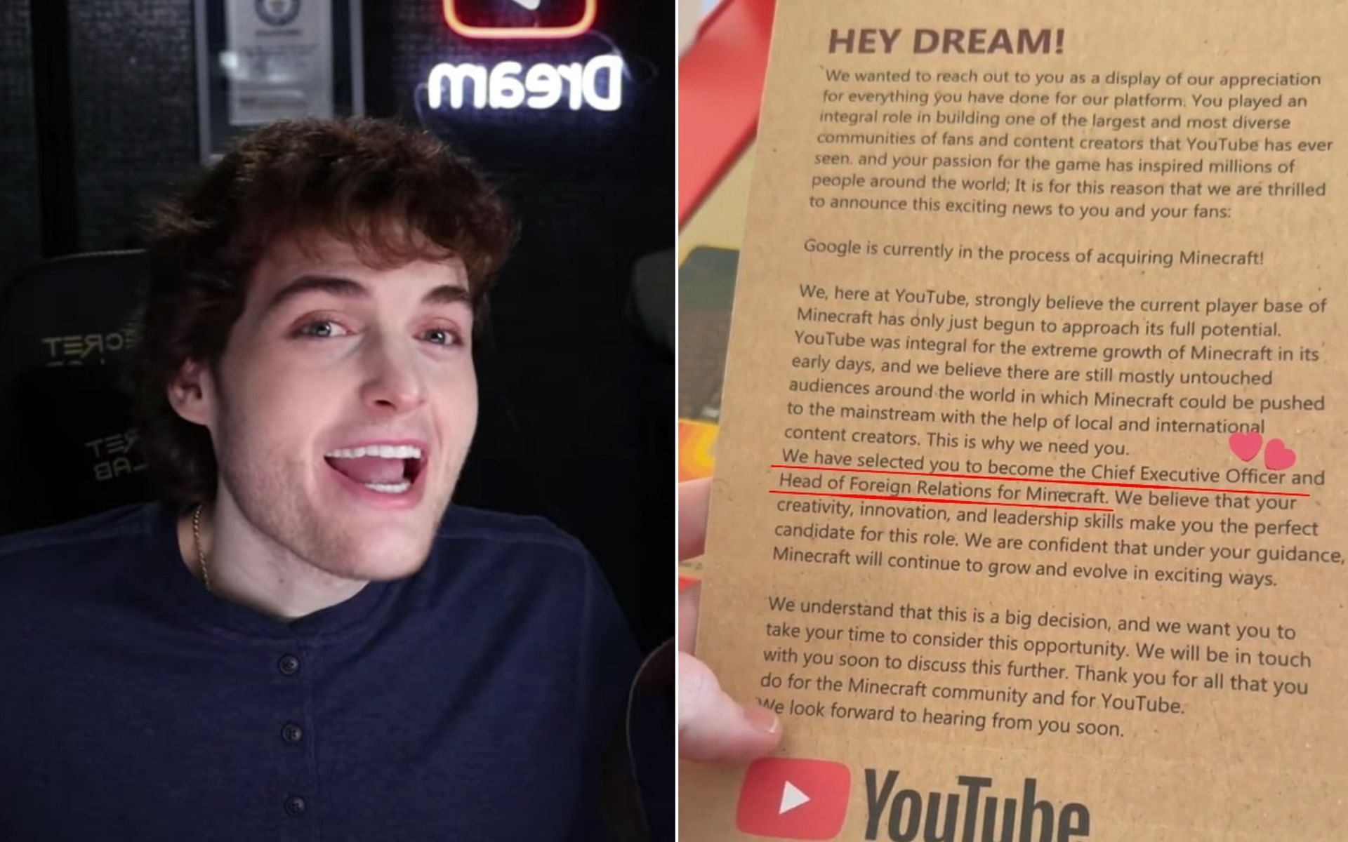 Dream received a letter from YouTube appointing him CEO of Minecraft (Image via YouTube/Dream)