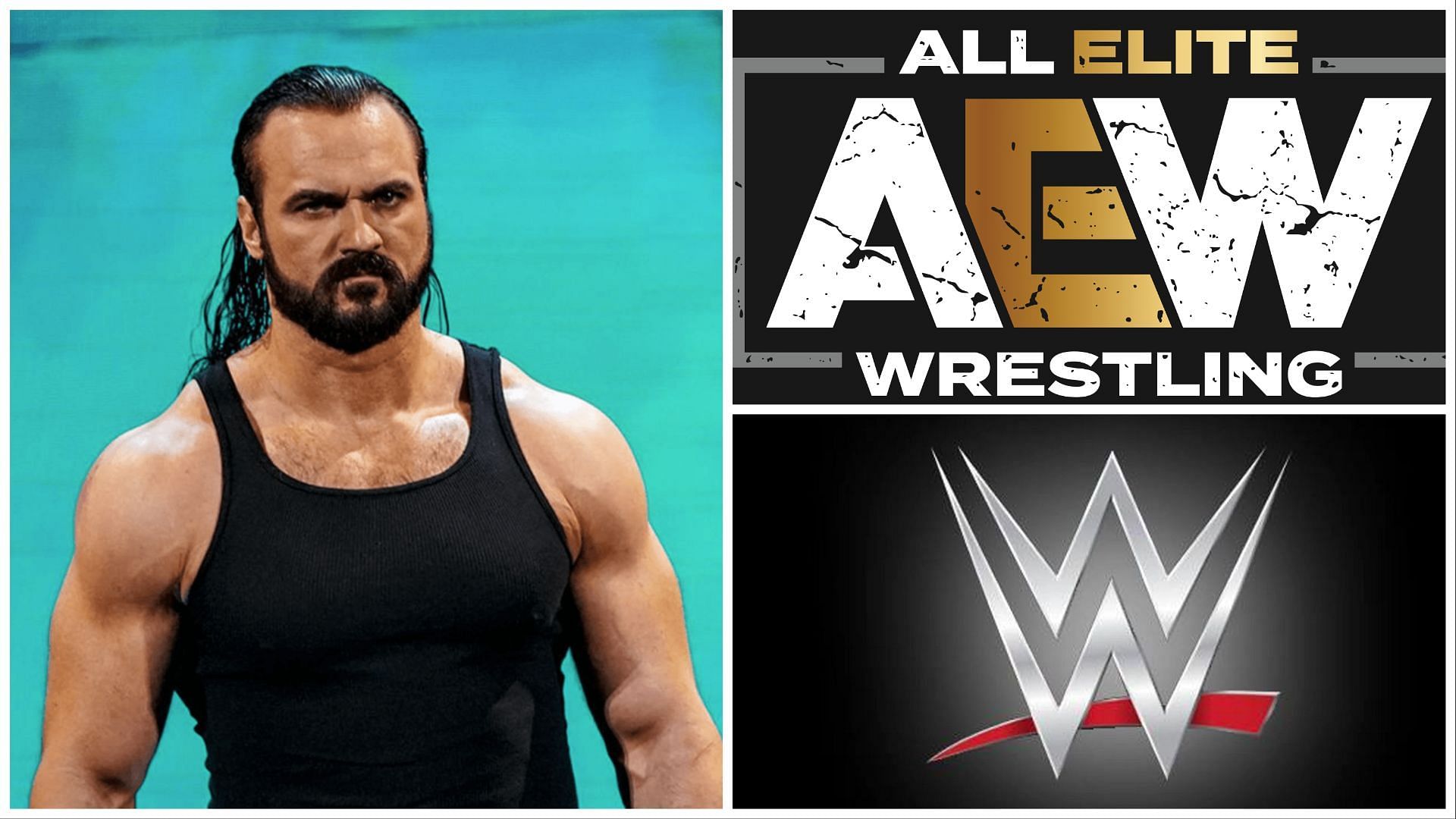 Drew McIntyre (Left), AEW logo (Upper Right), WWE logo (Bottom Right)