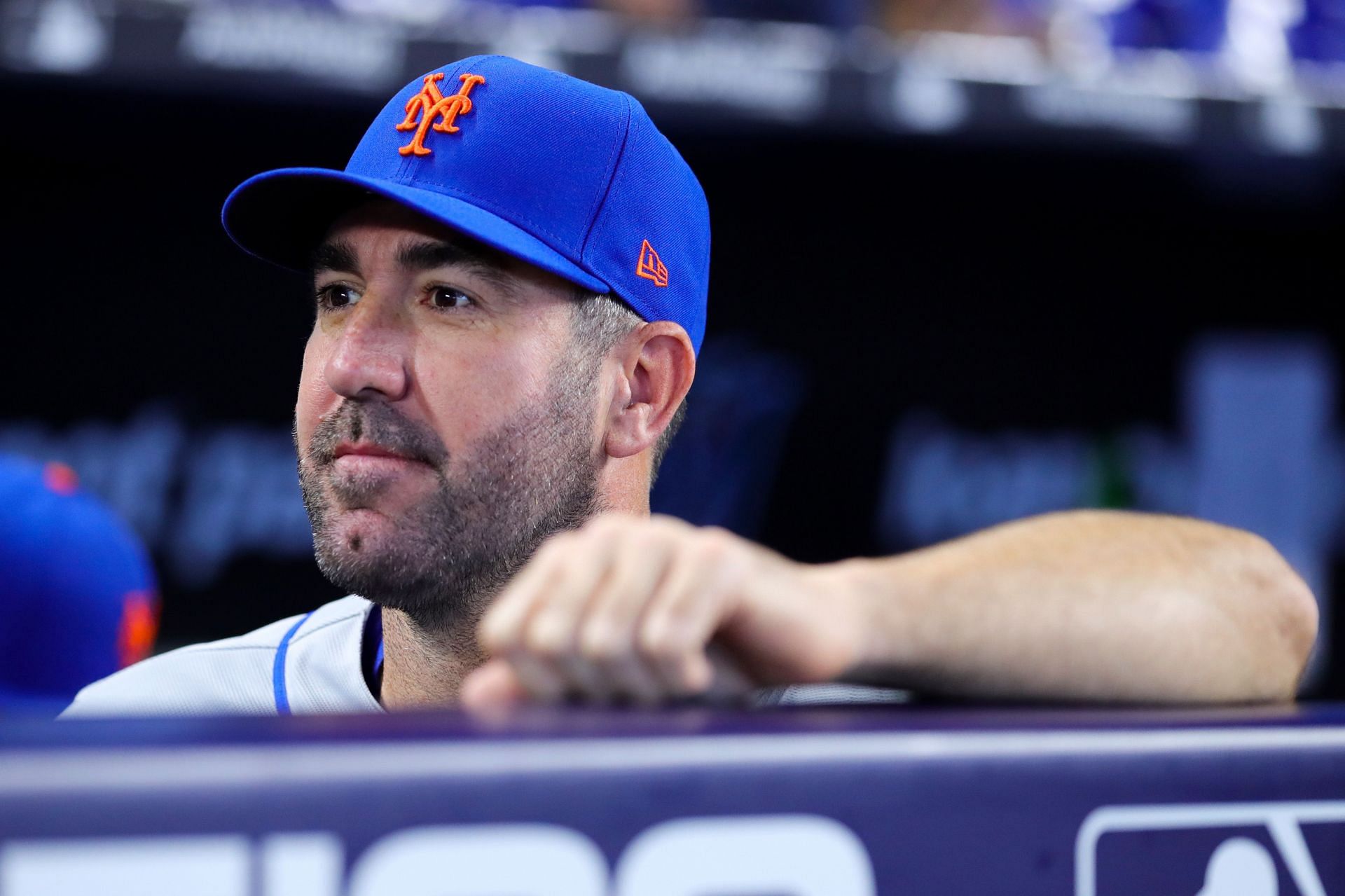 Justin Verlander of the New York Mets looks on prior to a game against the Miami Marlins on Opening Day at loanDepot park