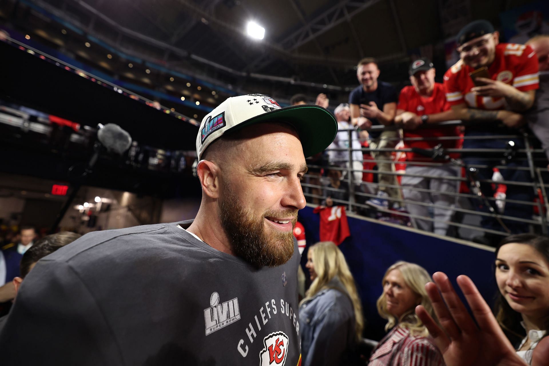 Travis Kelce at the Super Bowl LVII - Kansas City Chiefs v Philadelphia Eagles game