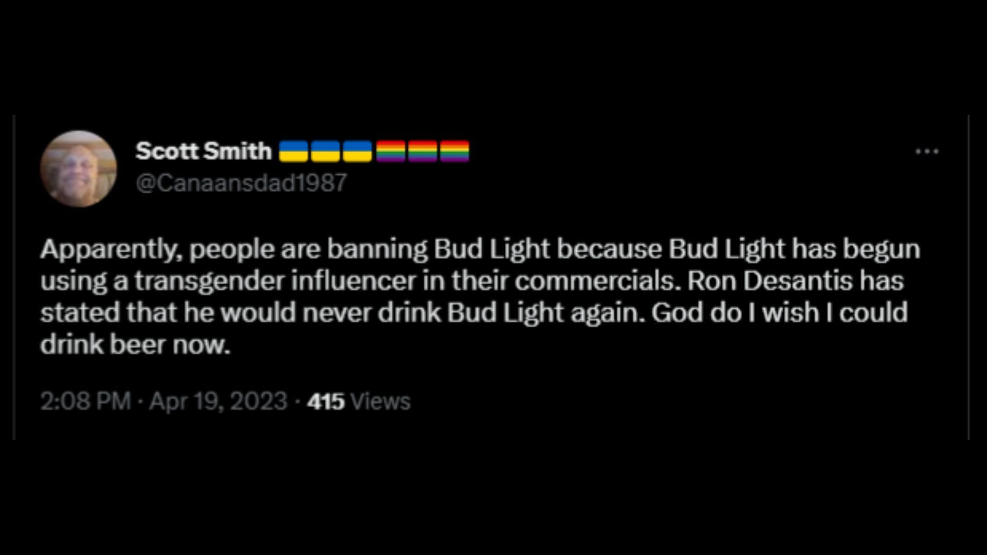Screenshot of a Twitter user remarking on DeSantis&#039; Bud Light ad parody.