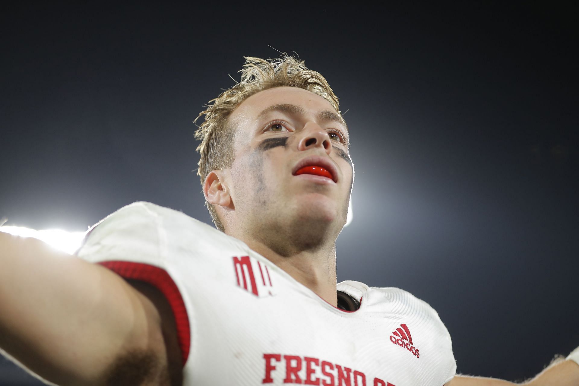  Jake Haener #9 of the Fresno State Bulldogs celebrates after defeating the UCLA Bruins, 40-37,