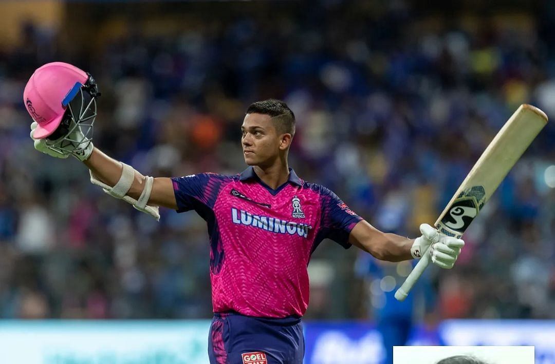 Yashasvi Jaiswal raising his bat after a century [IPLT20]