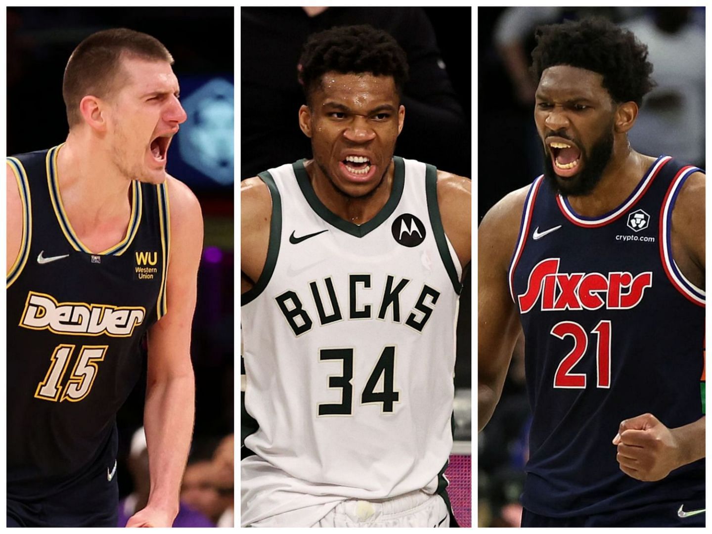 Nikola Jokic, Giannis Antetokounmpo and Joel Embiid