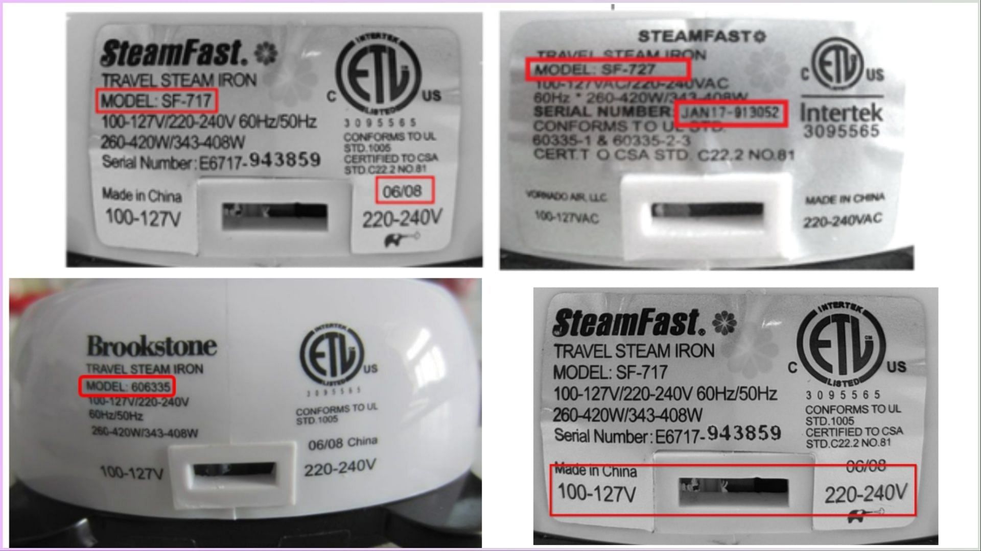 instructions on where to find all the necessary details for identifying the recalled Steamfast and Brookstone Travel Steam Irons (Image via Vornado/CPSC/Health Canada)