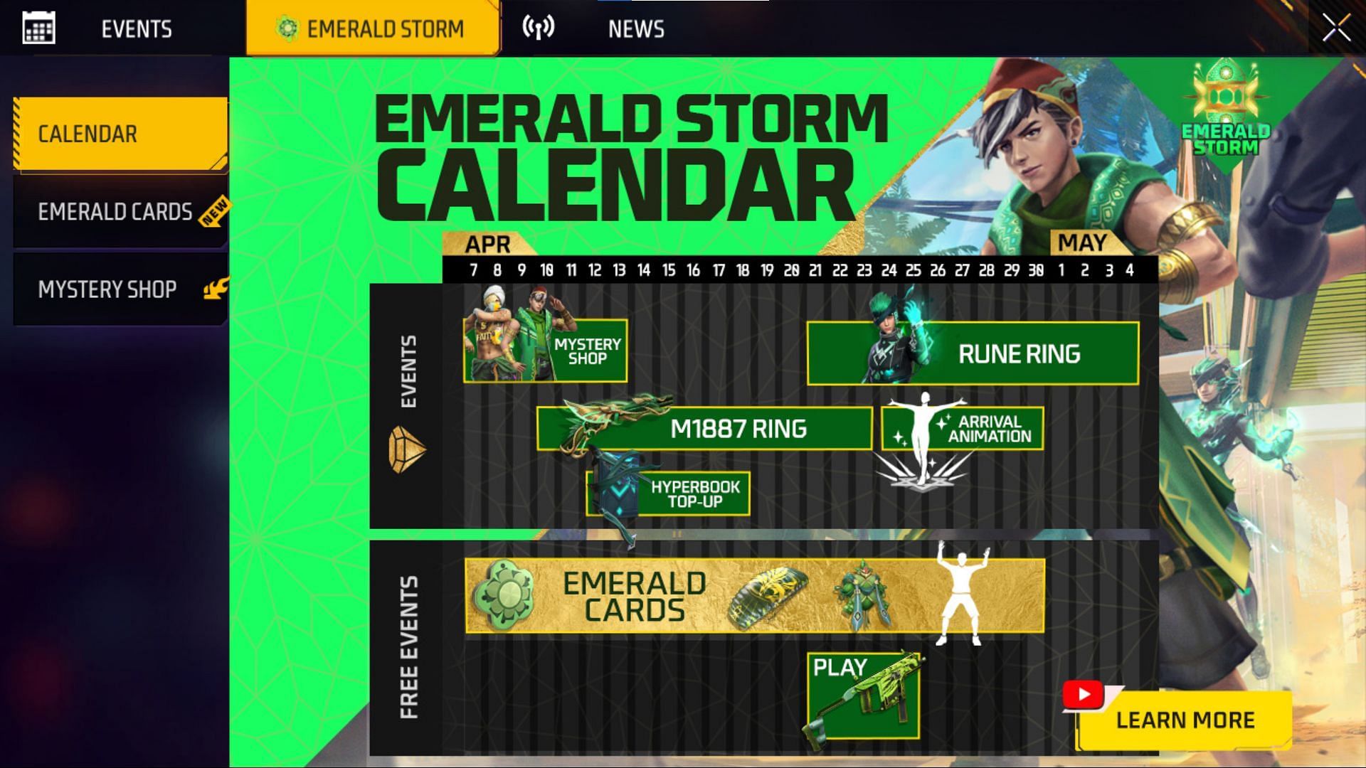 Calendar of the Emerland Storm events in Free Fire MAX (Image via Garena)