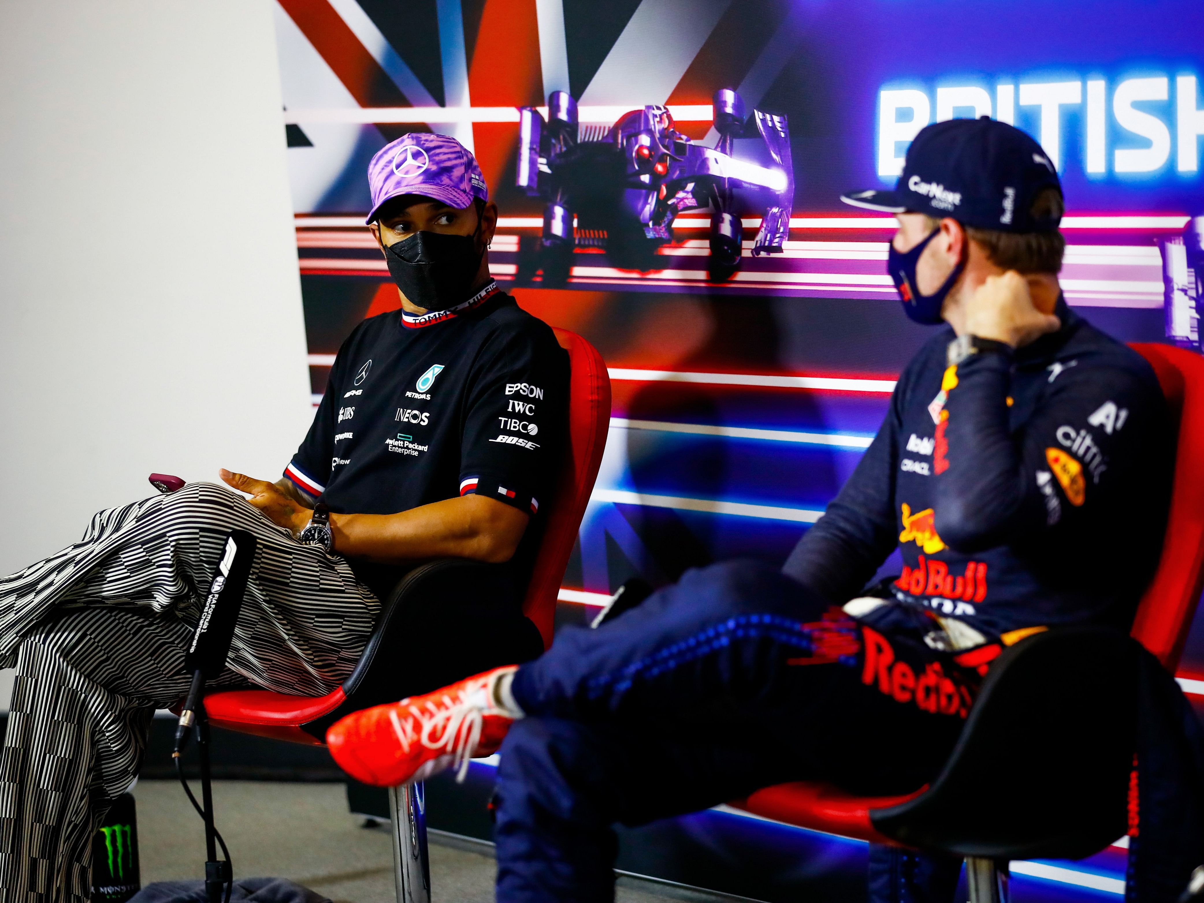 Max Verstappen and Lewis Hamilton talk in a press conference after the sprint for the 2021 F1 British Grand Prix (Photo by Xavi Bonilla - Pool/Getty Images)